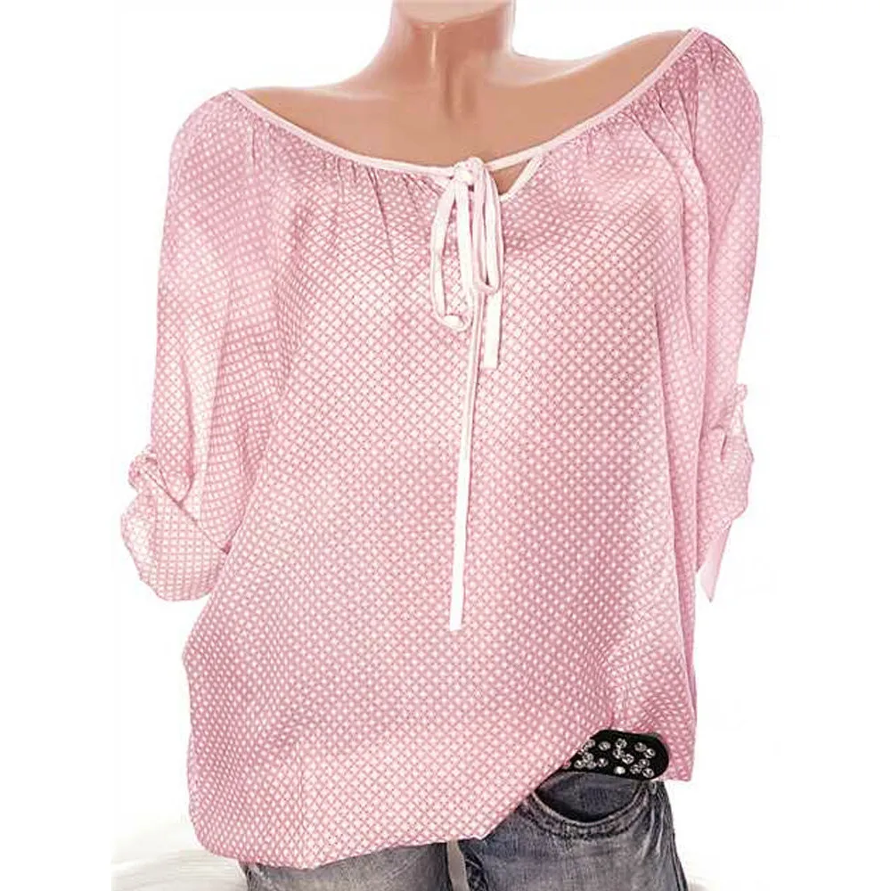 Женщины Плюс Размер Бохо Печать V-рубашка с вырезом кнопка длинным рукавом Топы