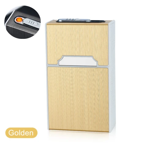Golden Metal Cigarette Case Box with USB Lighter 20pcs Capacity Waterproof Cigarette Holder Electronic Lighter Electric Gadgets for Men - Цвет: Golden