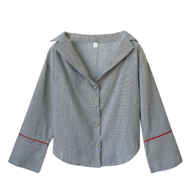 Женская блузка с длинным рукавом Повседневная Свободная в синюю полоску модель