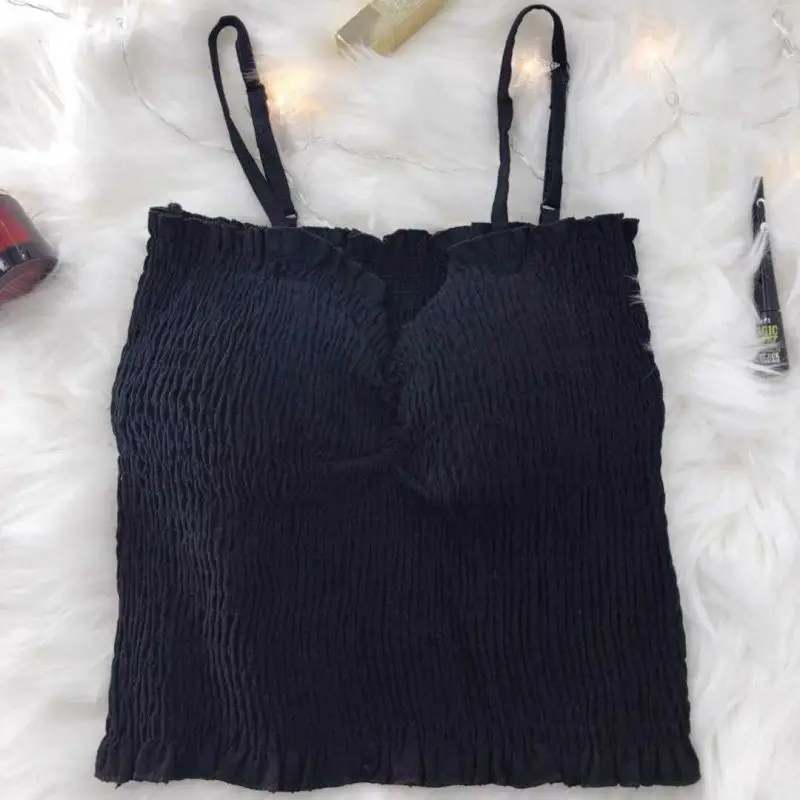 Black Узкие укороченные топы Low-cut Для женщин пикантная короткая женская ночная кофта Для женщин укороченные топы с оборками встроенный лифчик топики с мягкими чашечками - Цвет: Black