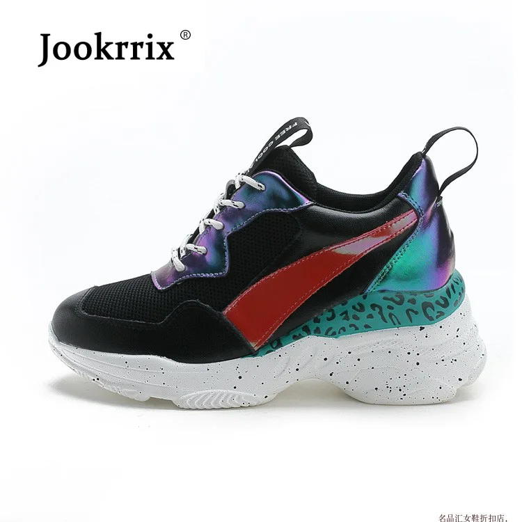 Jookrrix/Новинка года; женские кожаные кроссовки на высоком массивном каблуке 7 см; женская белая модная обувь для папы; белые кроссовки на платформе - Цвет: Черный