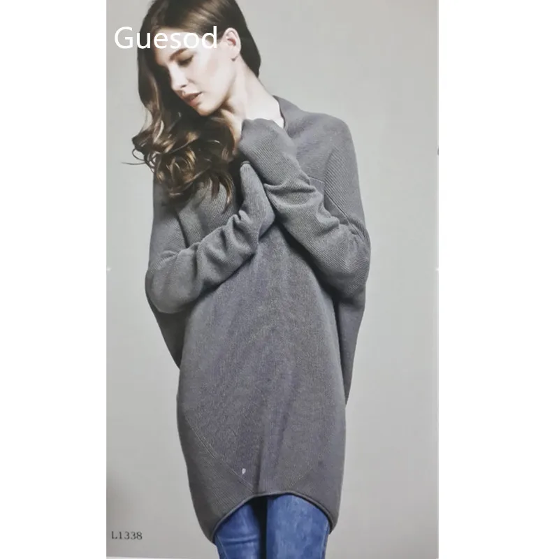 

Guesod2018Spring Autumn Women Sweater Dress Cashmere Grey Solid Color V-Neck Batwing Sleeve Medium Length Loose Casual Dress New