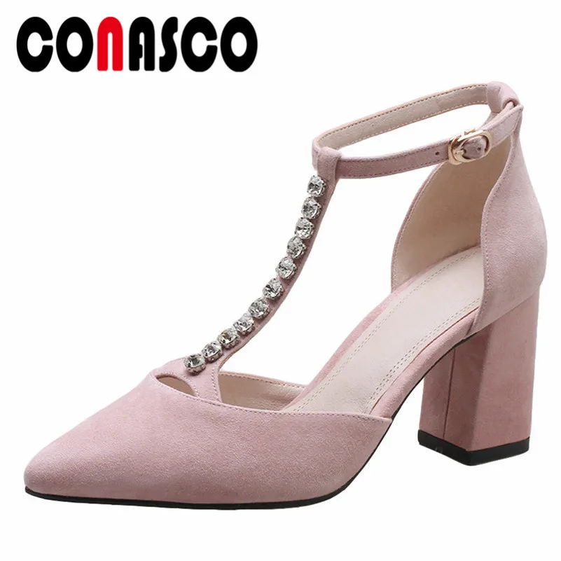 

CONASCO T-strap Women Rhinestone Pointed Toe High Heels Pumps Fashion New Dress Wedding Party Shoes Woman Female Basic Pumps