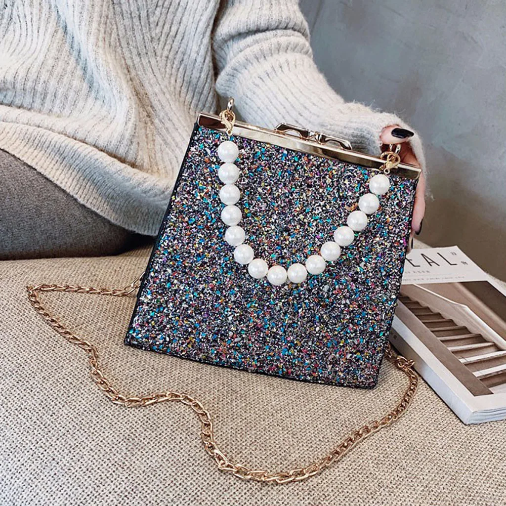 Женские сумки Bolsos Mujer, Женская жемчужная сумка через плечо, блестящая цепочка, кожаные красочные сумки-мессенджеры, сумка на плечо, сумка-тоут с жемчугом, сумка-мессенджер