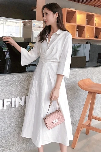 Корейское белое шифоновое платье женские элегантные с высокой талией Питер Пэн