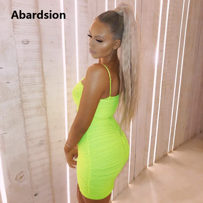Abardsion неоново зеленое сексуальное Бандажное мини Сетчатое платье женское летнее
