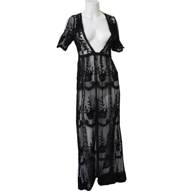 Women Long Maxi Dresses Bohemia V-neck short Sleeve Floral lace Summer Beach Female Split Stylish Style Dress | Женская одежда