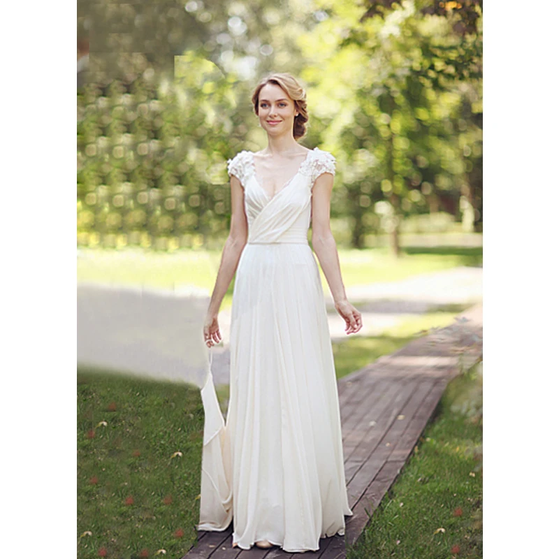 Lakeydra Белый Пляж Weding платья а силуэта шифон Глубокий v образный вырез с рукавами и