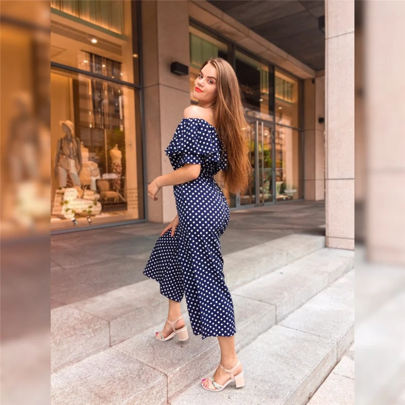 Sheinside повседневный комбинезон в горошек с широкими штанинами для женщин Летний комбинезон в стиле бохо с открытыми плечами женский комбинезон со средней талией с поясом