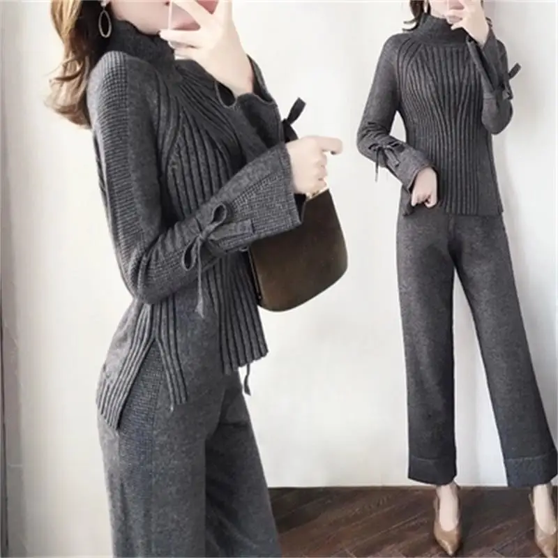 

Fashion knit bottoming wide leg pants suit female autumn and winter New temperament casual sweater with sweater pants two sets