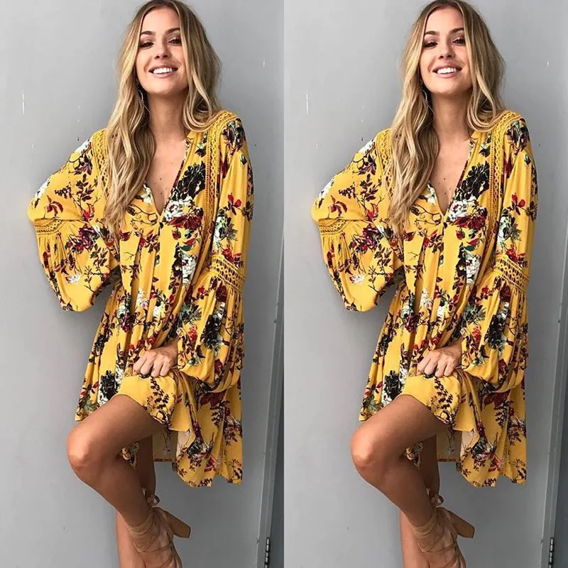 Hollow out boho summer dress Women vintage loose lace lantern sleeve short Ruffle flower print sexy vestidos | Женская одежда