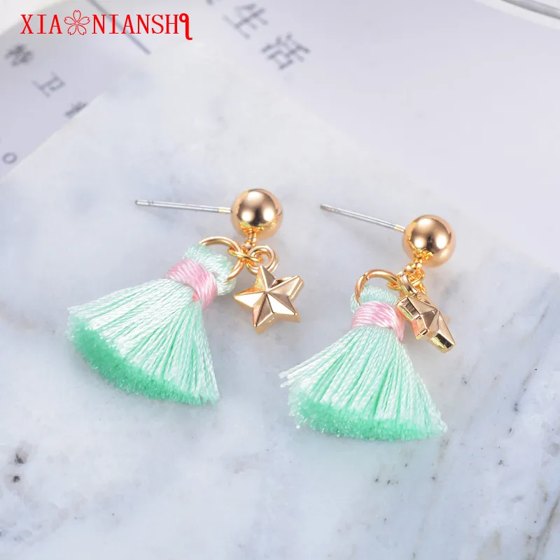 XIAONIANSHI brand the most beautiful red and green fluffy five-pointed star stud earrings fiber long tassel earrings for women