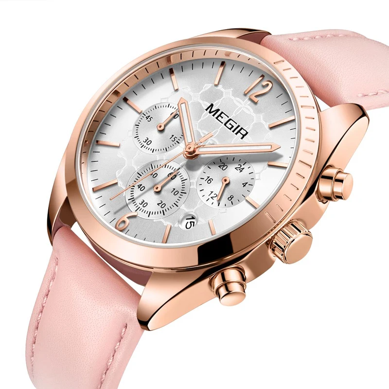 

Megir Top Brand Women Leather Quartz Watches Chronograph Clock 24 Hours Waterproof Wristwatch Lady Girl Relogios Femininos Pink