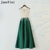 janevini 2020 elegant green satin wedding guest gowns beaded lace sleeveless long bridesmaid dresses for wedding party for woman