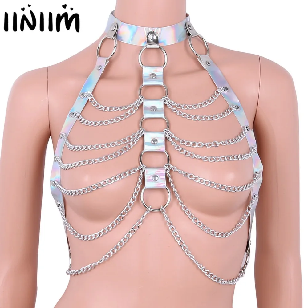 Womens Halter Caged Bra Harness Party Roleplay Chain Bondage Belt Festival Rave Costume Sexy Night Clubwear Pastel Top | Тематическая