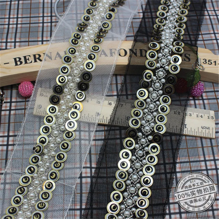 

2Yards Elegant Pearl Beaded Lace Trim Vintage Sequined Black Mesh Fabric Paillette Chemical Lace Wedding Dress Dentelle Applique