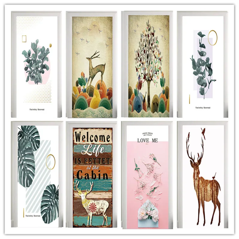 

77x200cm 3D Poster Deer Door Stickers For Living Room Bedroom PVC Self Adhesive Wallpaper Home Decor Elk Waterproof Mural Decal