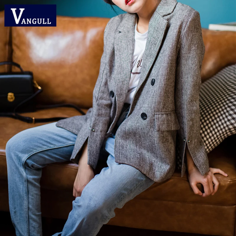 Vangull 2019 весенне осенние модные женские блейзеры в английском стиле двубортные