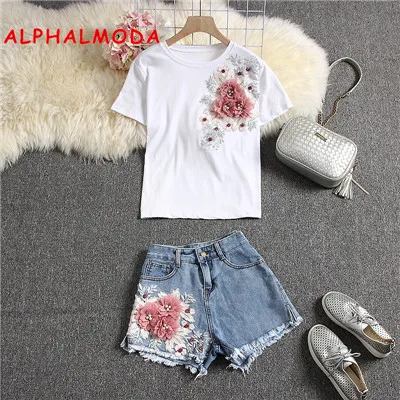 ALPHALMODA модные 3D футболки с цветочным узором+ шорты комплекты из 2 предметов Красивая Цветочная футболка летние шорты костюмы - Цвет: Слоновая кость