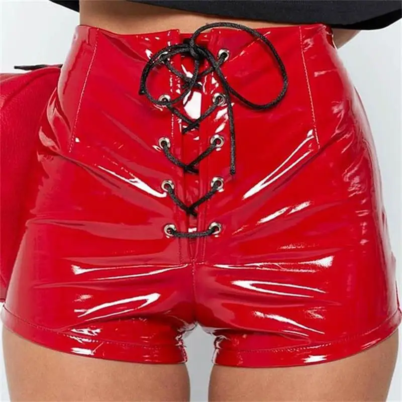 red InstaHot Lace Up Elastic Waist Pu Leather Shorts Summer Black Red Sexy Fashion Tie Up Shorts Streetwear Club Clothing Lady - Цвет: red