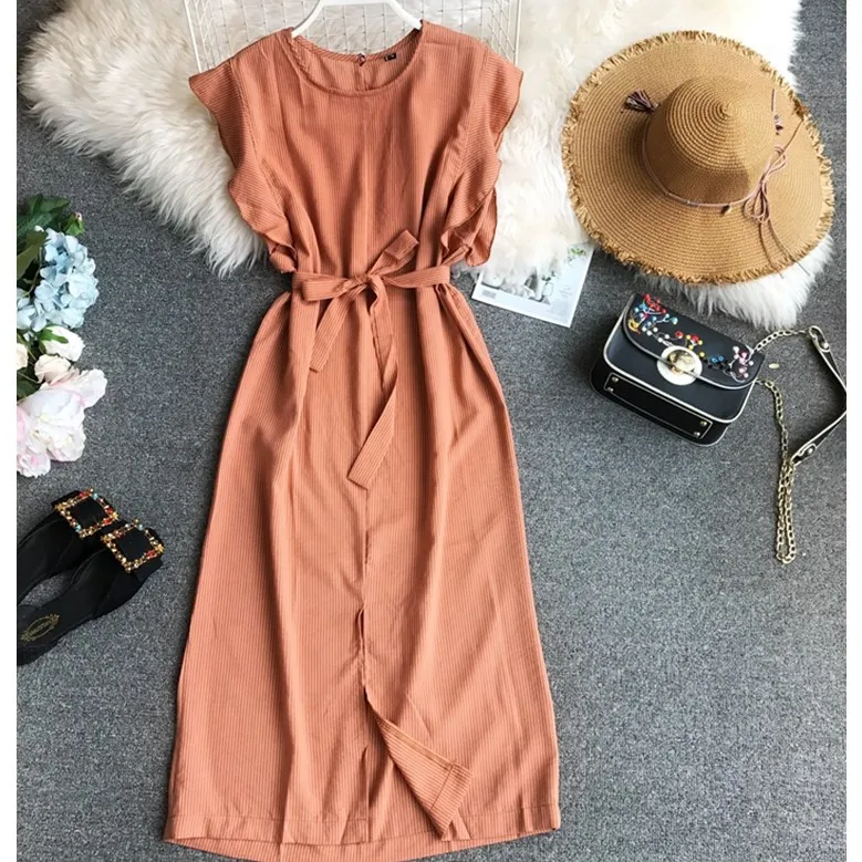 Для женщин Лето 2019 г. Полосатый рукавов оборками прямо один шаг длинное платье