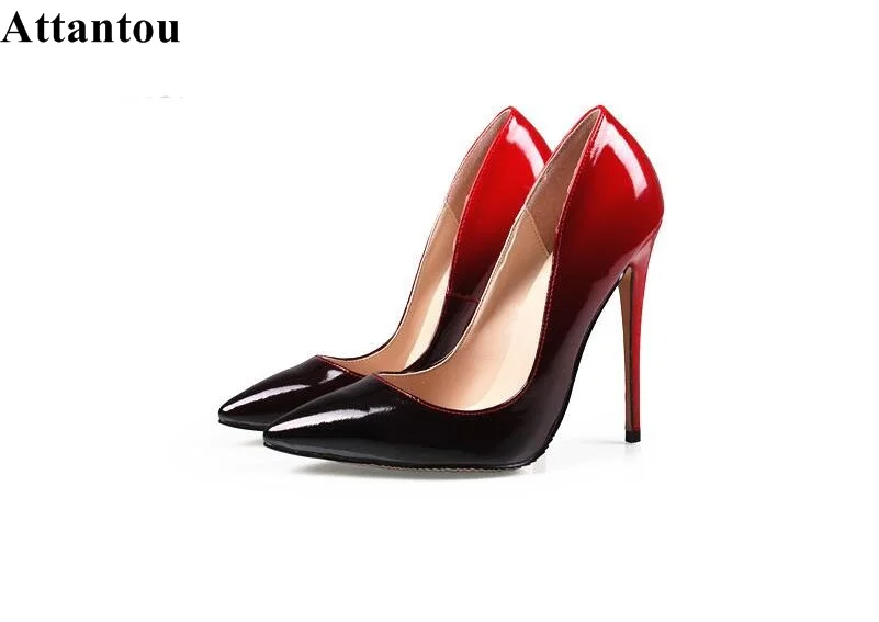 

Attantou Women High Heel Wedding Shoes Black/Red Patent Leather Slip-on Pumps Sexy Pointed Toe Stiletto High Heel Dress Shoes
