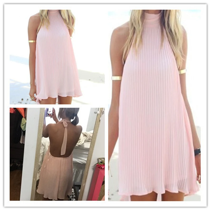 2017 новый розовый лето dress beach повесьте шейный ремешок нить backless sexy sweet pure color мини