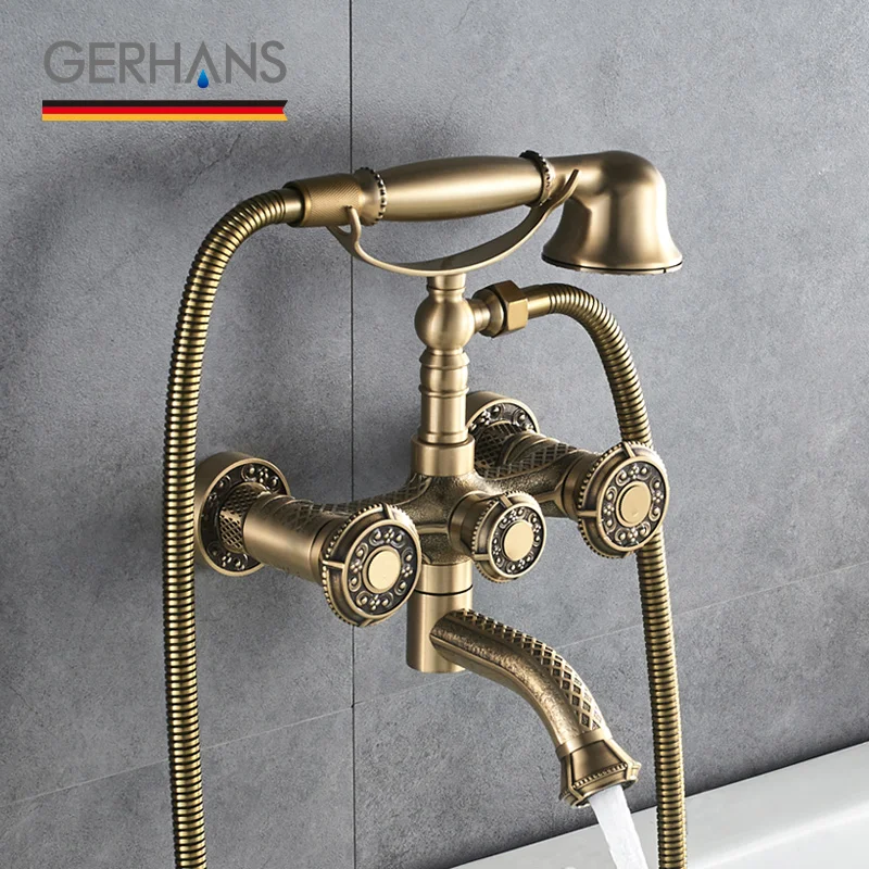 GERHANS Adoking Antique Bathtub Faucet All-Brass Vintage Retro Massage Shower head Wall Mounted Tub Mixer Tap K13018 | Обустройство