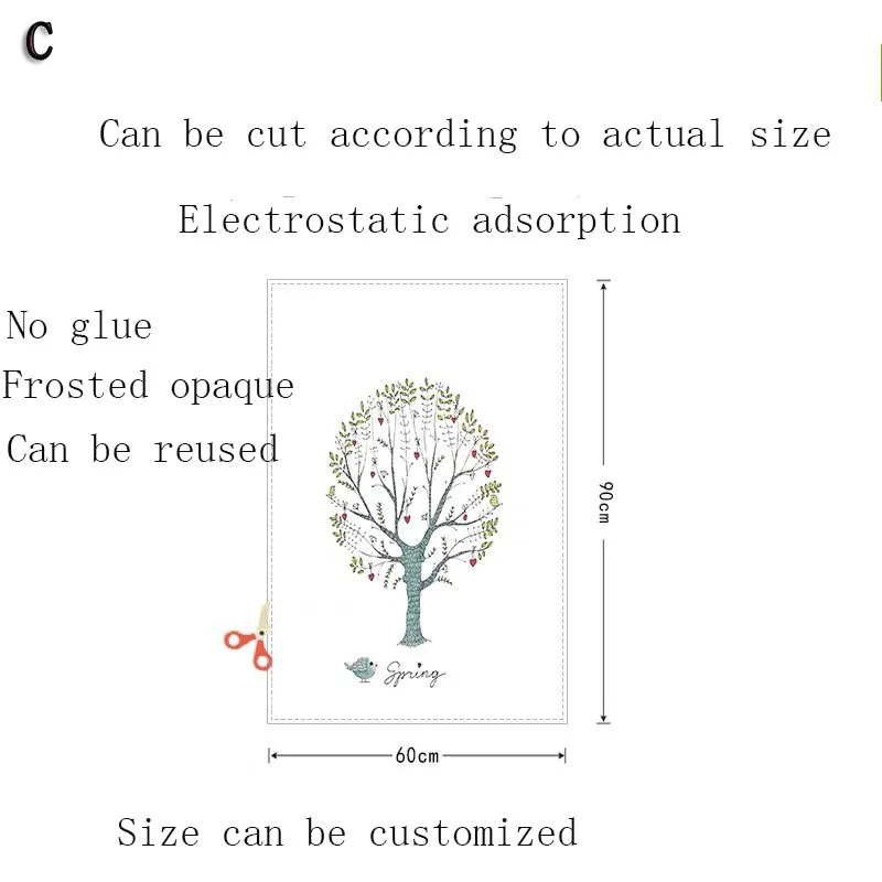 60cm(w)x90cm(h) C Мультфильм оконная пленка стеклянные наклейки птица и дерево тонирование на заказ пятнистый, статический спальня конфиденциальности не клейкая дверь, декоративные пленки - Цвет: 60cm(w)x90cm(h) C