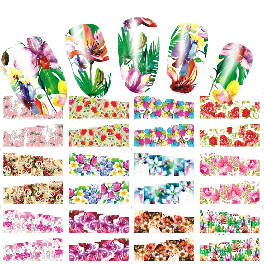 48 листов красочного полного обертывания Цветущий цветок для дизайна ногтей