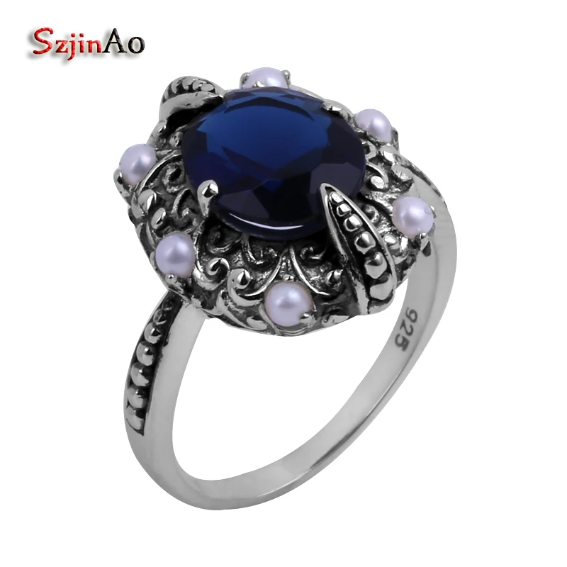 

Szjinao Wholesale High Fine Carving 100% Natural Pearl + Vintage Blue Sapphire Women Sterling Silver Ring