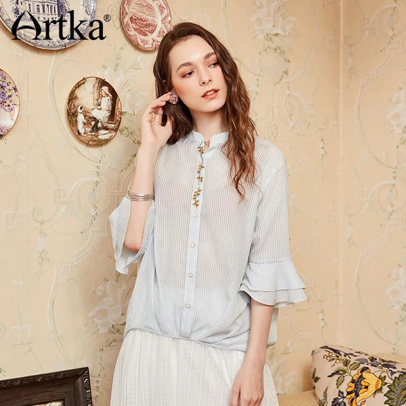 ARTKA 2018 лето новая Женская Расклешенная рукав стоячий воротник однобортная