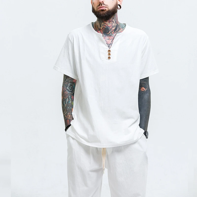Men's linen large T-shirt cotton size 7XL 8XL 9XL 10XL summer short-sleeved V-neck casual blue | Мужская одежда