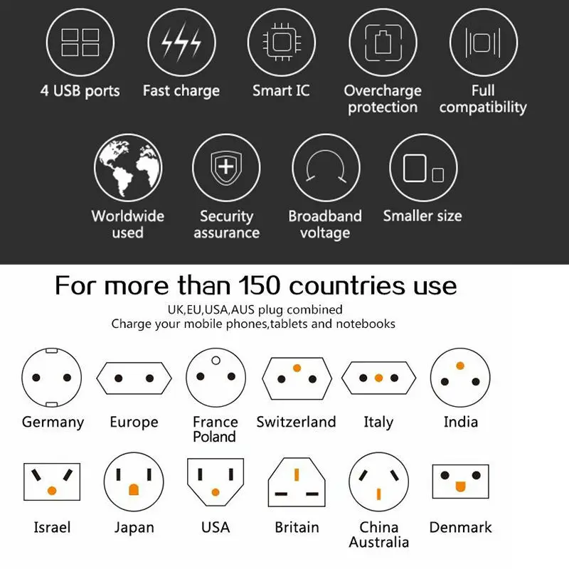 Универсальный дорожный адаптер преобразователь электрических вилок с 4 USB