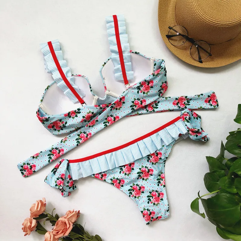 

Ruffles Floral Bikini Set Swimwear Women 2018 Summer Bandage Push Up Padded Bra Swimsuit Women Bathing Suit Bowknot Beachwear