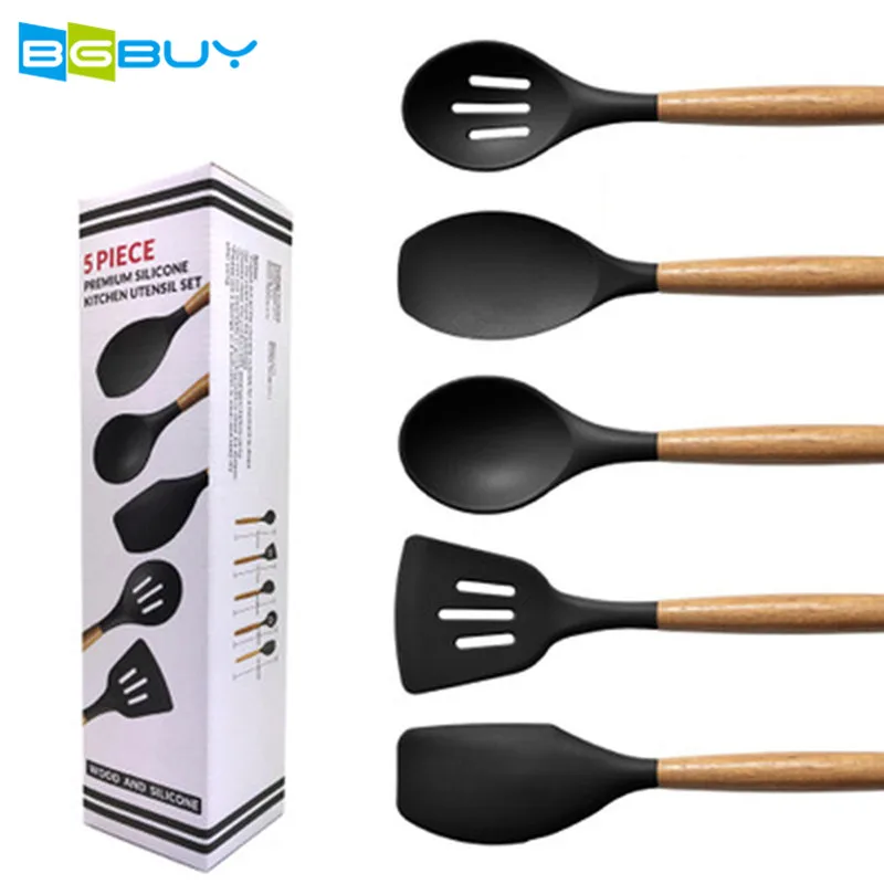 Silicone Cooking Utensils 9 Piece with Bamboo Wood Handles Nonstick Cookware Set | Дом и сад