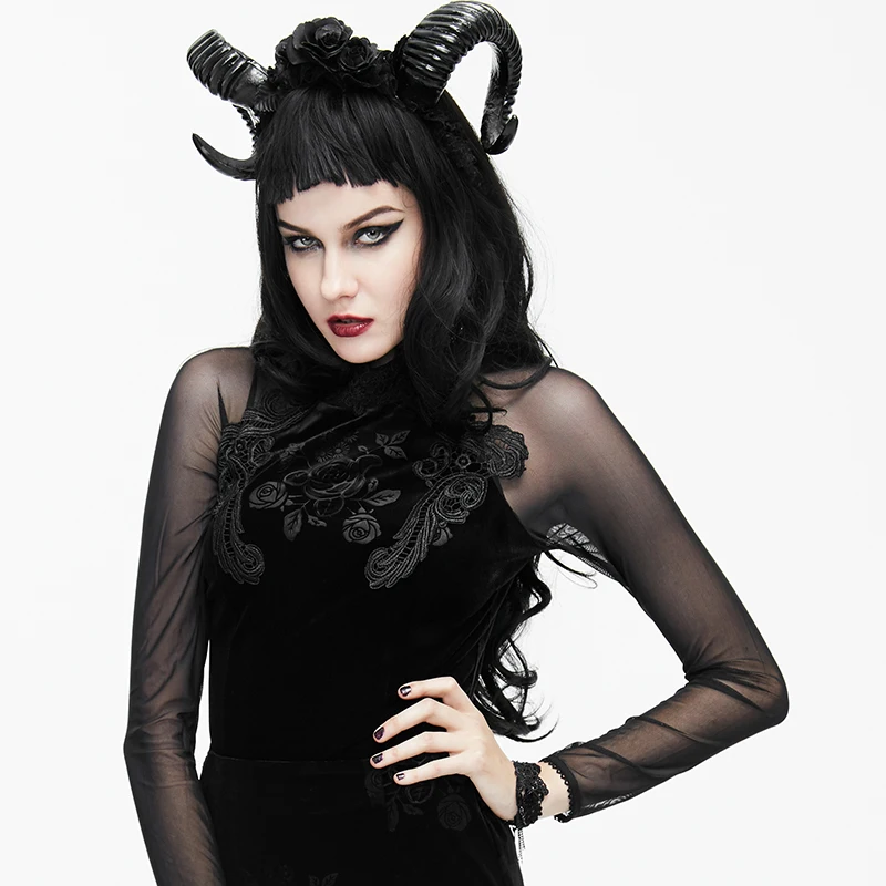 

Женская футболка с вышивкой в готическом стиле, черная футболка с длинным рукавом и тиснением, в стиле стимпанк, Эва