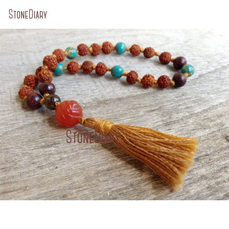 

Hand knotted Rudraksha Carnelian Mala Bracelet 27 Bead Pocket Quarter Mantra Meditation Prayer Beads Bracelet BM10984