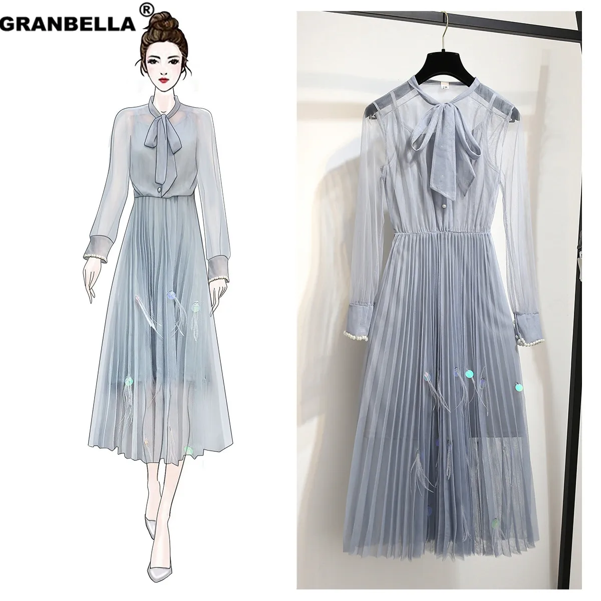 

2020 New Summer Sweet Mesh Dress Stylish Feathers Beading Bow Collar Dresses For Women Slim Midi Party Dress Vestiods