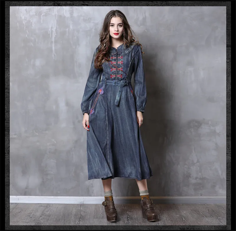 OMIKRON Boho, новинка, женское Синее джинсовое платье, Vestidos, рукав-фонарик, а-силуэт, женское платье, элегантное винтажное платье с вышивкой