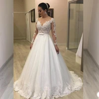 vestido de noiva white long sleeve wedding dress ball gown lace applique illusion scoop neck court train bridal gowns