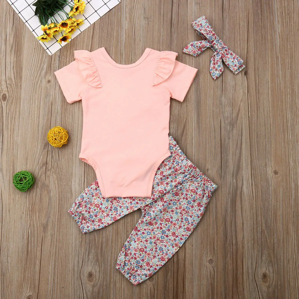 3 предмета Одежда для новорожденных девочек комбинезон + штаны с цветочным