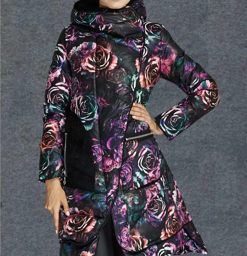 Abrigos Chaquetas Mujer Invierno зимняя женская куртка с цветочным принтом, белая парка на утином пуху, Женская куртка, зимнее пальто W444 - Цвет: 1