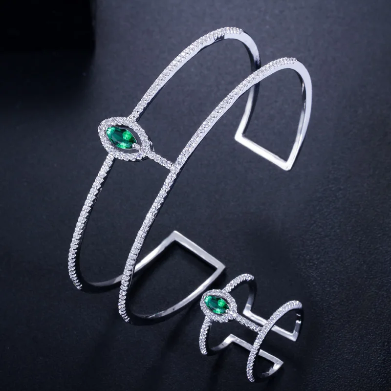Green Set CWWZircons сверкающими с кубическим цирконием большой круглый Браслет-манжета браслет и кольцо Набор для Для женщин Модные украшения аксессуары T095 - Окраска металла: Green Set