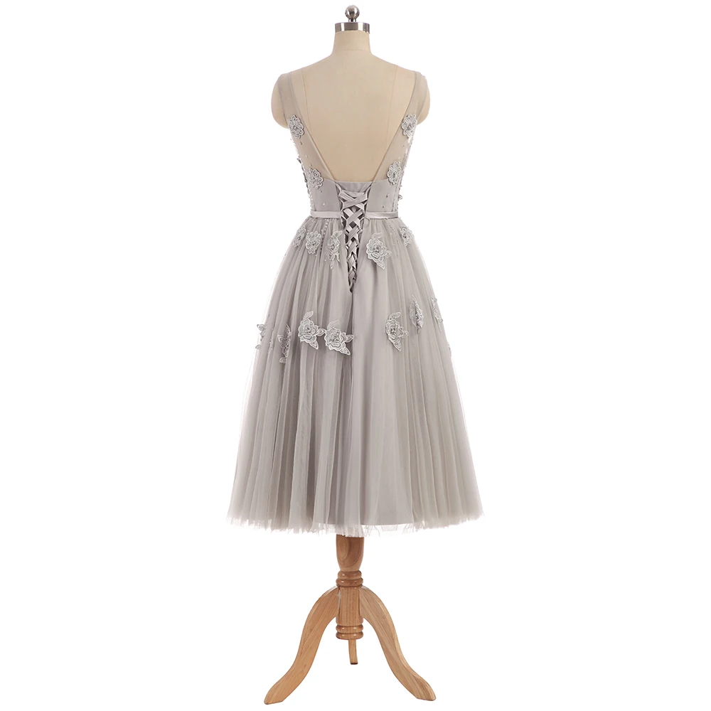 WeiYin Robe de Soiree Elegant O-neck Sleeveless Appliques Beading Evening Party Gray Lace Tea-Length Dresses | Свадьбы и торжества