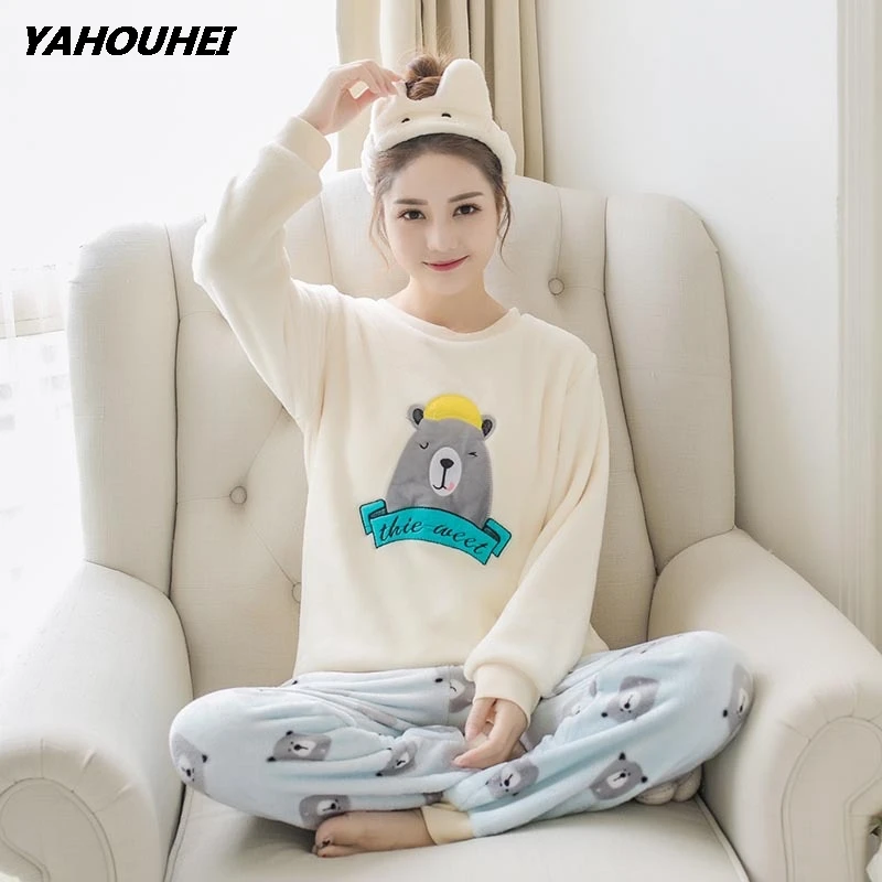 xiaoxiongrong mise Пижамные комплекты для женщин зимняя модная ночная рубашка домашняя одежда для отдыха женская фланелевая теплая пижама с длинным рукавом комплект ночного белья для девочек - Цвет: xiaoxiongrong mise