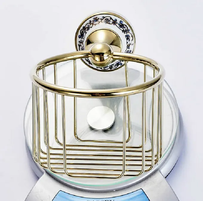 

Luxury Gold Color Brass Ceramic Flower Base Wall Mounted Bathroom Toilet Paper Roll Basket Holder Bathroom Accessory mba257