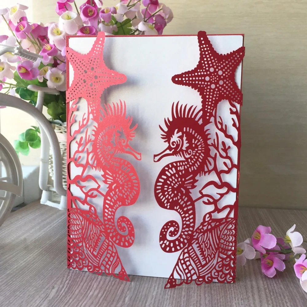 

20Pcs Laser Cut paper craft Beach Theme Seahorse Wedding Invitation Card Customized Birthday Party Invitation Card Suppliers