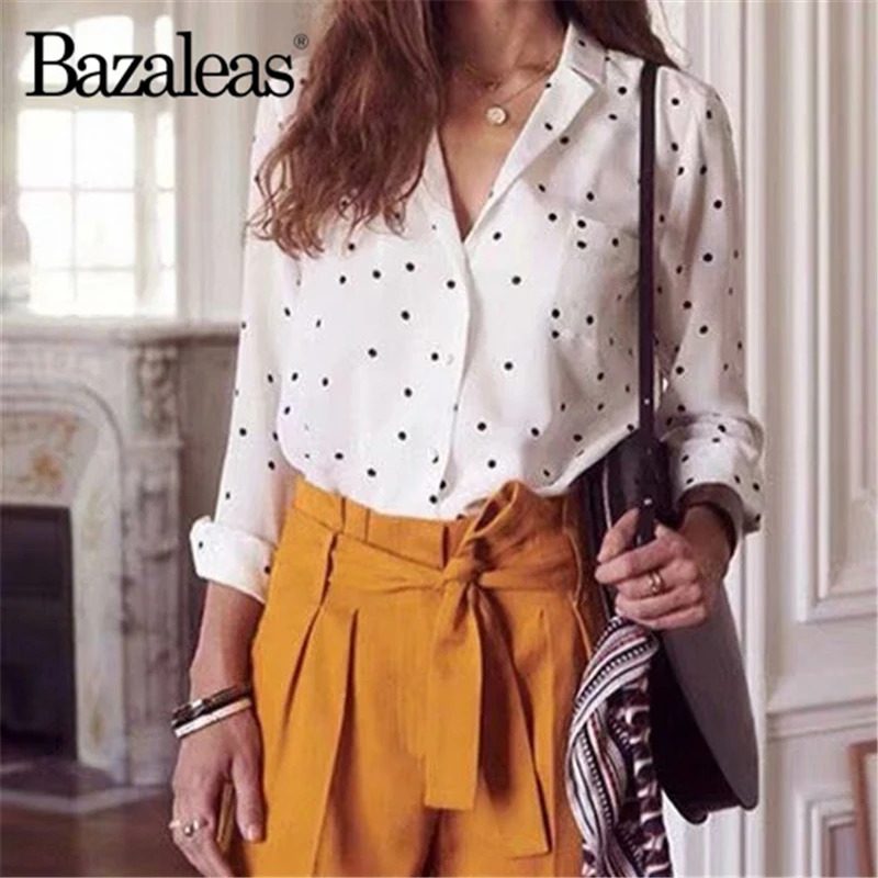 Женские топы с принтом в горошек Blusas винтажная блузка тонкими пуговицами Blusa Feminina