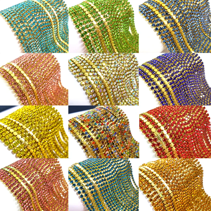 

SS16 4mm 5yards/lot gold bottom glass crystal Rhinestone Chain,sew on Cup Chains For diy Garment Bags decorations ZLG16
